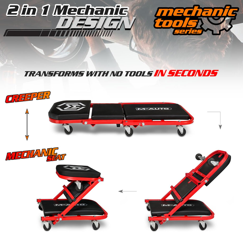 40-Inch Folding Creeper Rolling Seat, 330LBS Capacity with 6 Swivel Casters, Red R6190