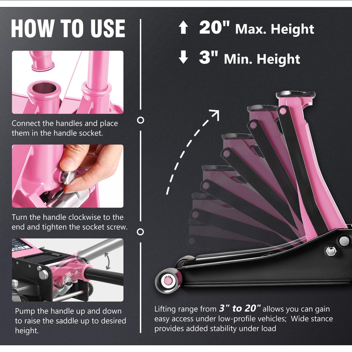 Low Profile Hydraulic Trolley Floor Jack 3 Ton Pink R268
