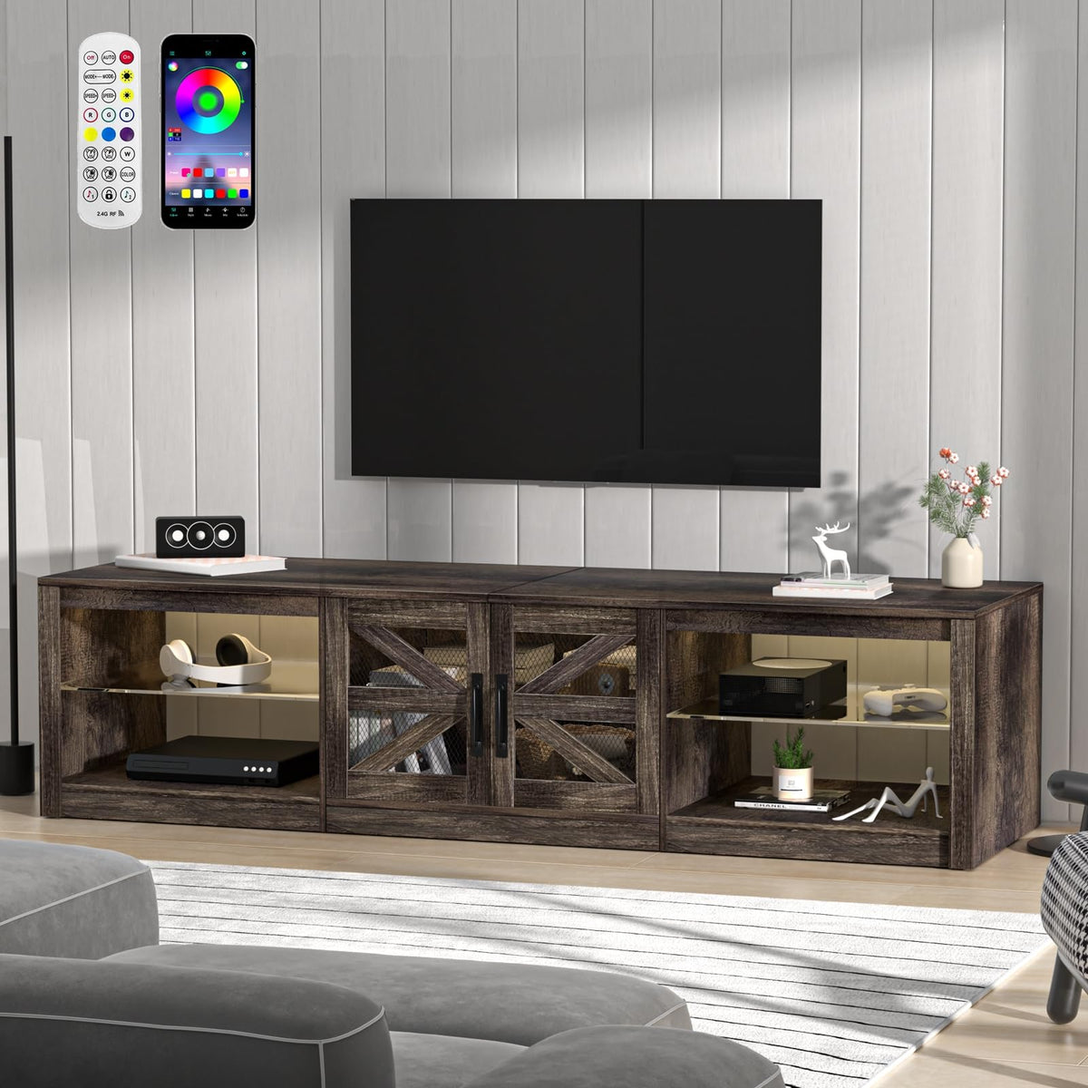 Rustic Brown Grey TV Stand with Sliding Barn Door M104805
