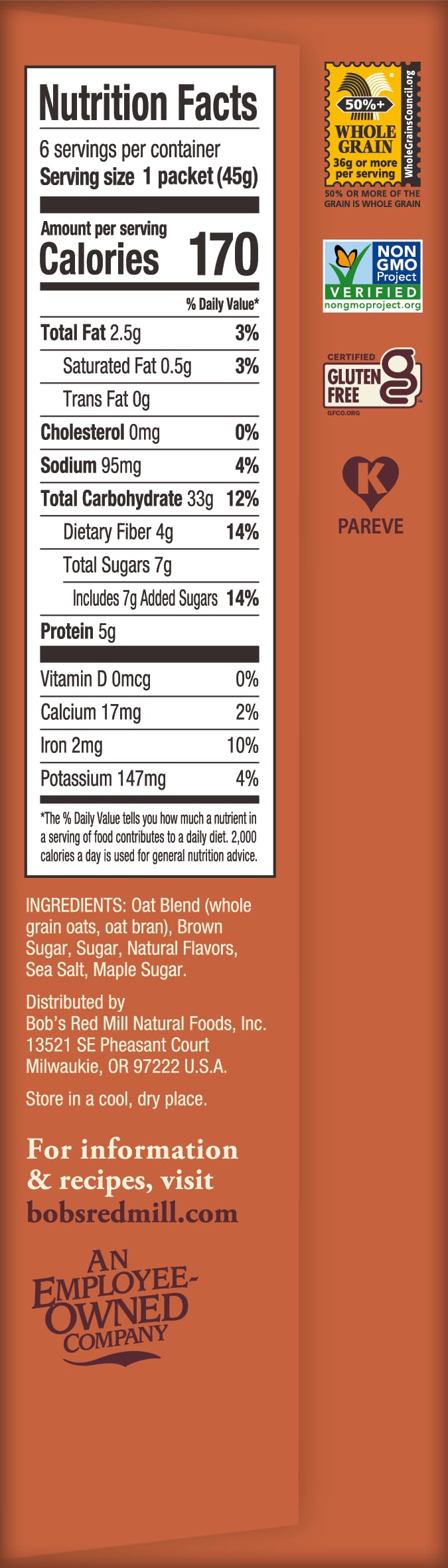 Instant Oatmeal, Maple Brown Sugar, 24 Packets, Gluten Free, Whole Grain W70080