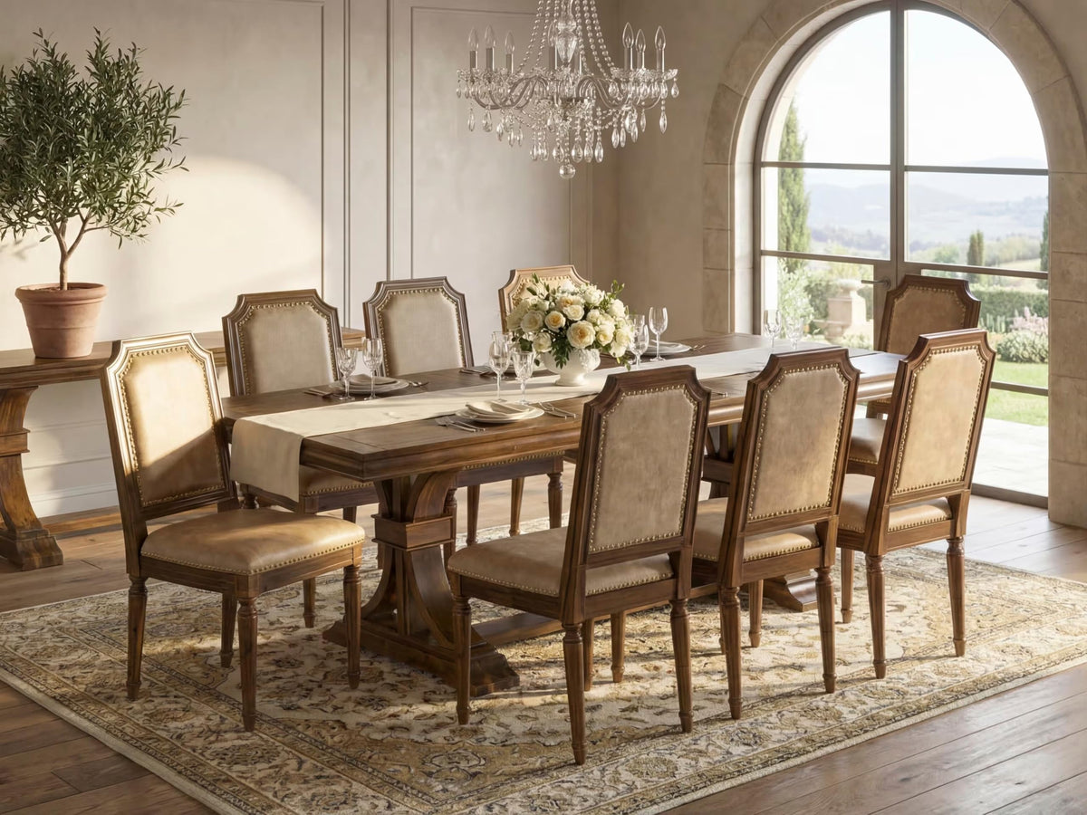 9 Piece Dining Table Set with 8 Beige Polyester Fabric Chairs O97310