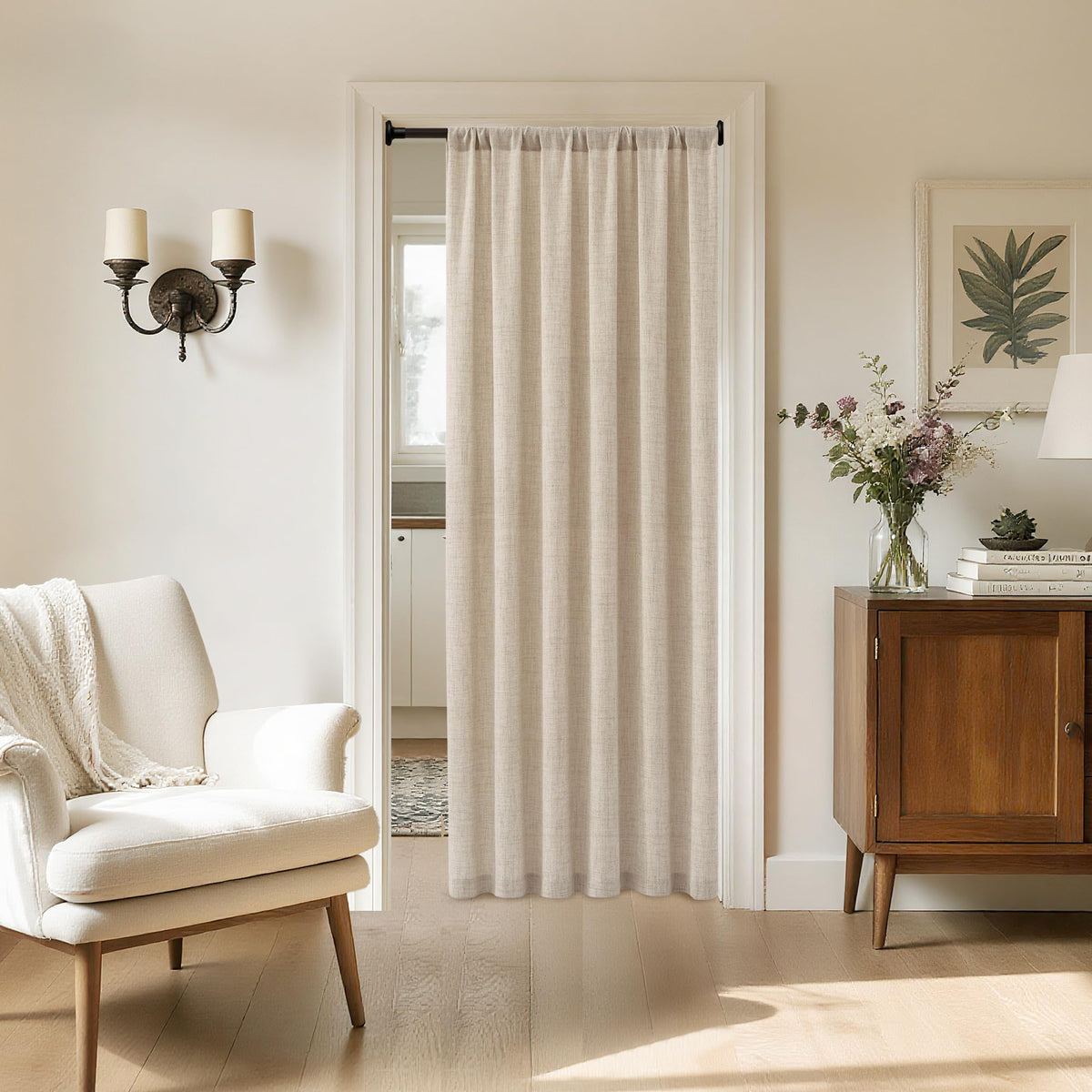 Linen Semi Sheer Door Curtain, 25 x 72 Inches, Natural, 1 Panel V52069