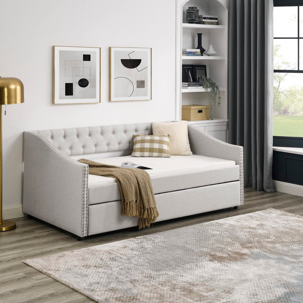 Upholstered Button Tufted Twin Size Daybed with Trundle E659583