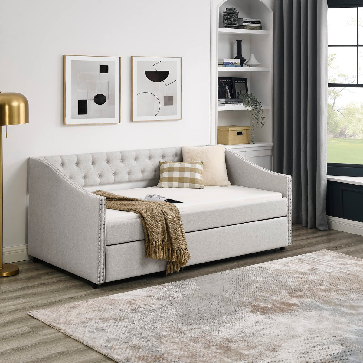 Upholstered Button Tufted Twin Size Daybed with Trundle E659583