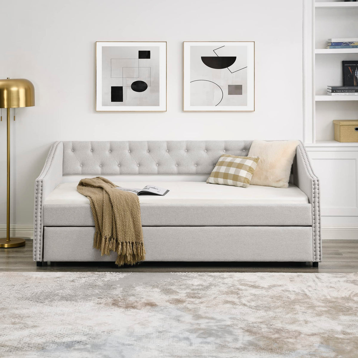 Upholstered Button Tufted Twin Size Daybed with Trundle E659583