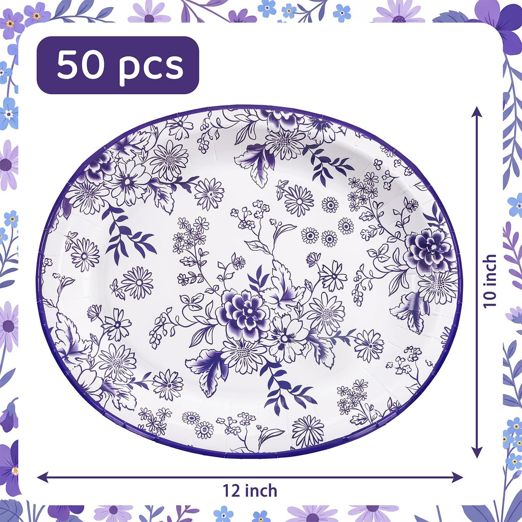 50 Pack Blue Floral Disposable Paper Plates G1188