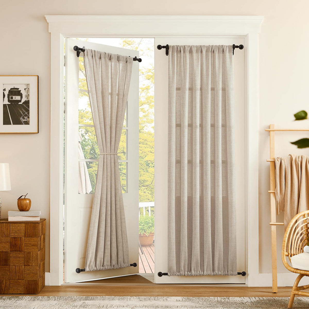 Linen Semi Sheer Door Curtain, 25 x 72 Inches, Natural, 1 Panel V52069