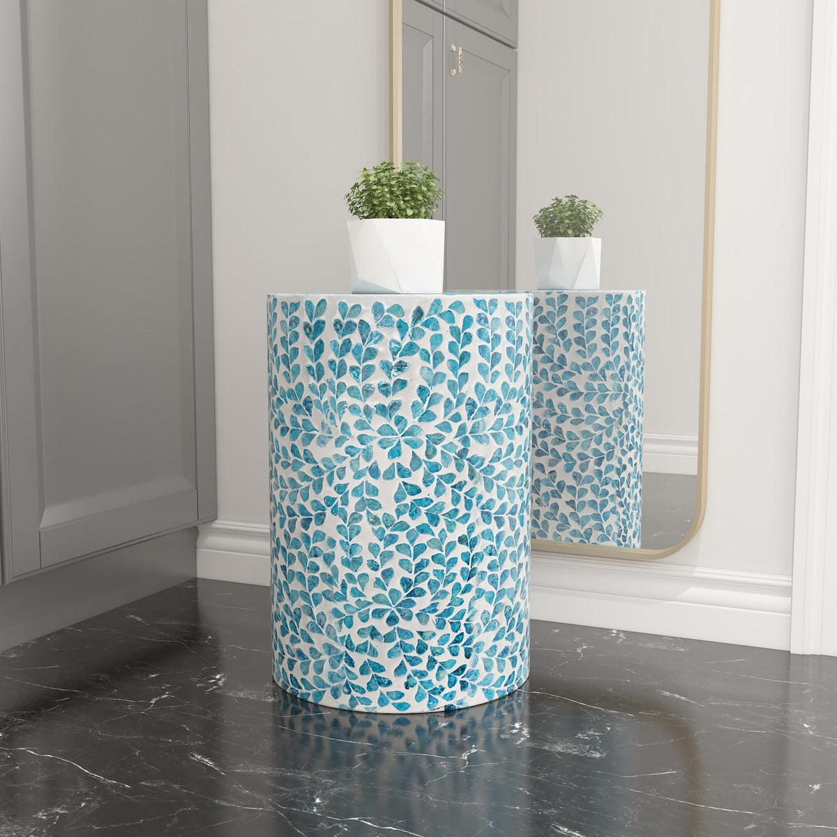 Mother of Pearl Inlaid Cylinder Drum End Table G85989