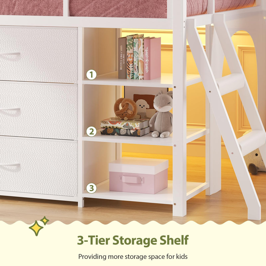 White Twin Loft Bed with Bookshelf, Display Shelf, Storage Drawers and Ladder Q8032