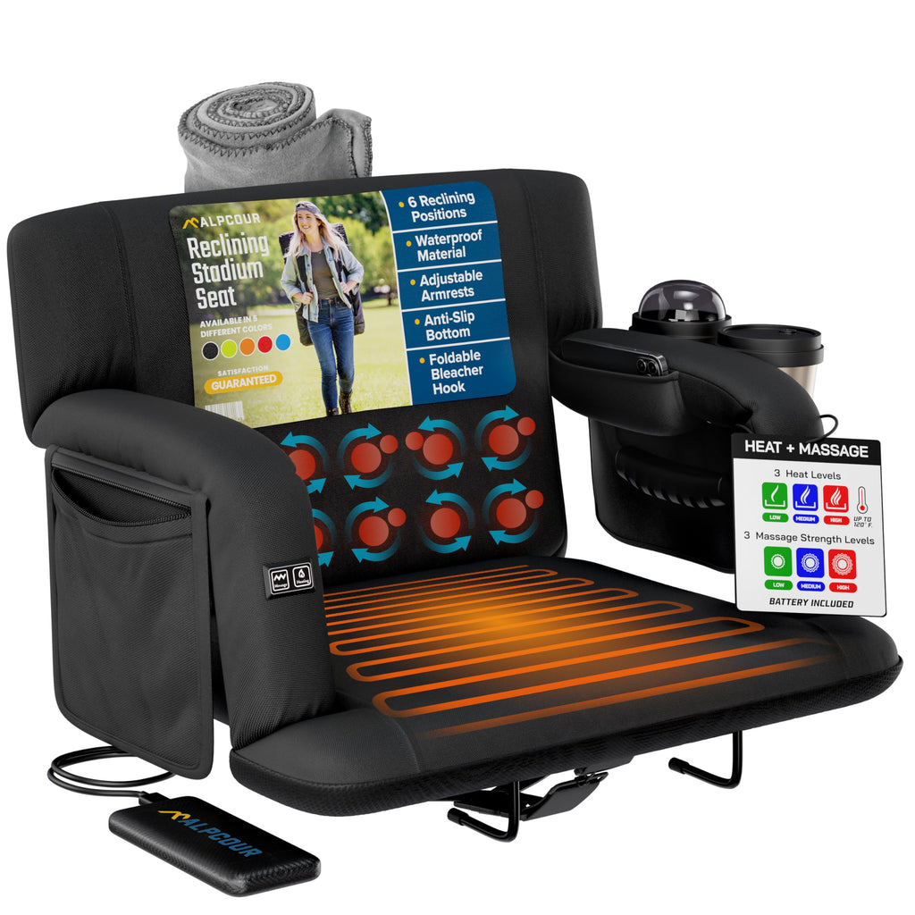 Heated Massage Reclining Stadium Seat with Back Support and Cushion F401126