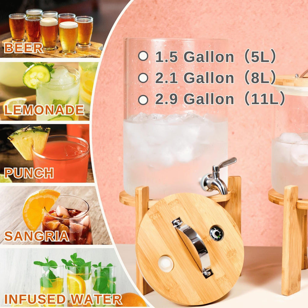 2.1 Gallon Glass Beverage Dispenser with Bamboo Stand and Spigot J711