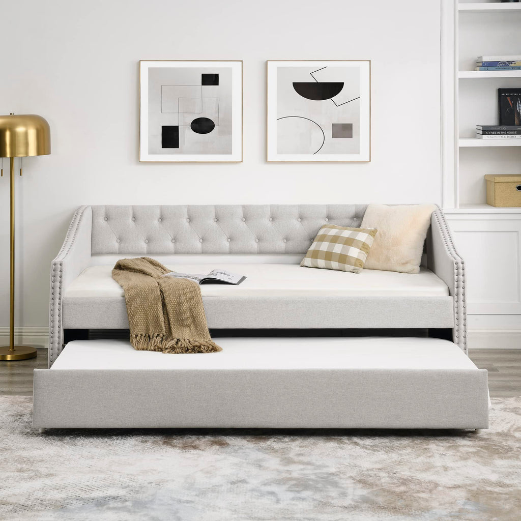 Upholstered Button Tufted Twin Size Daybed with Trundle E659583