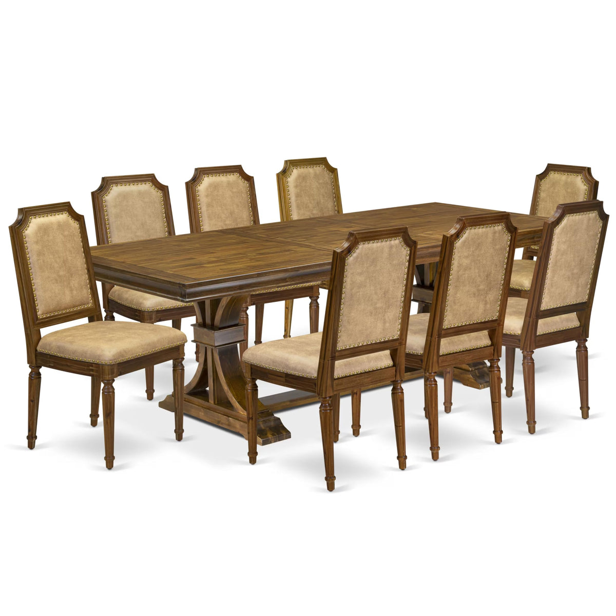 9 Piece Dining Table Set with 8 Beige Polyester Fabric Chairs O97310