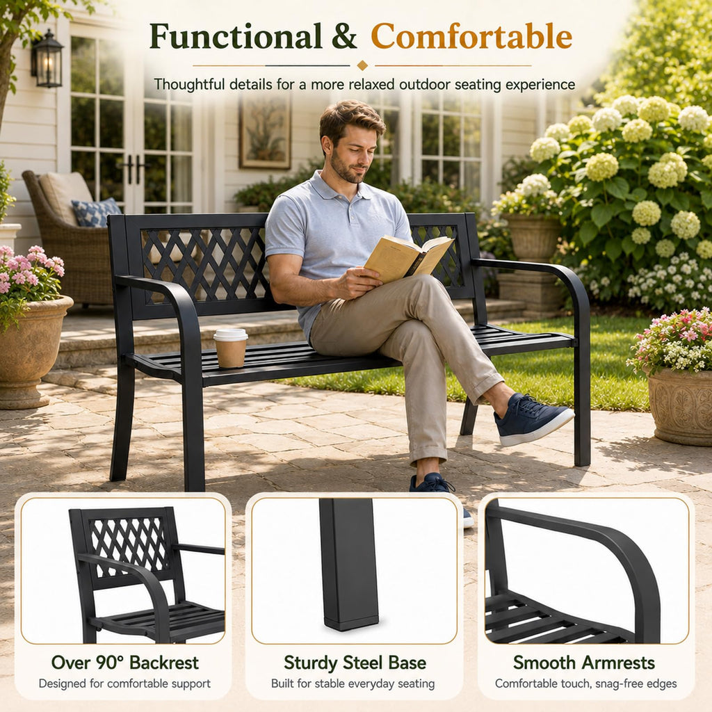 47" Black Outdoor Bench with Backrest L4859