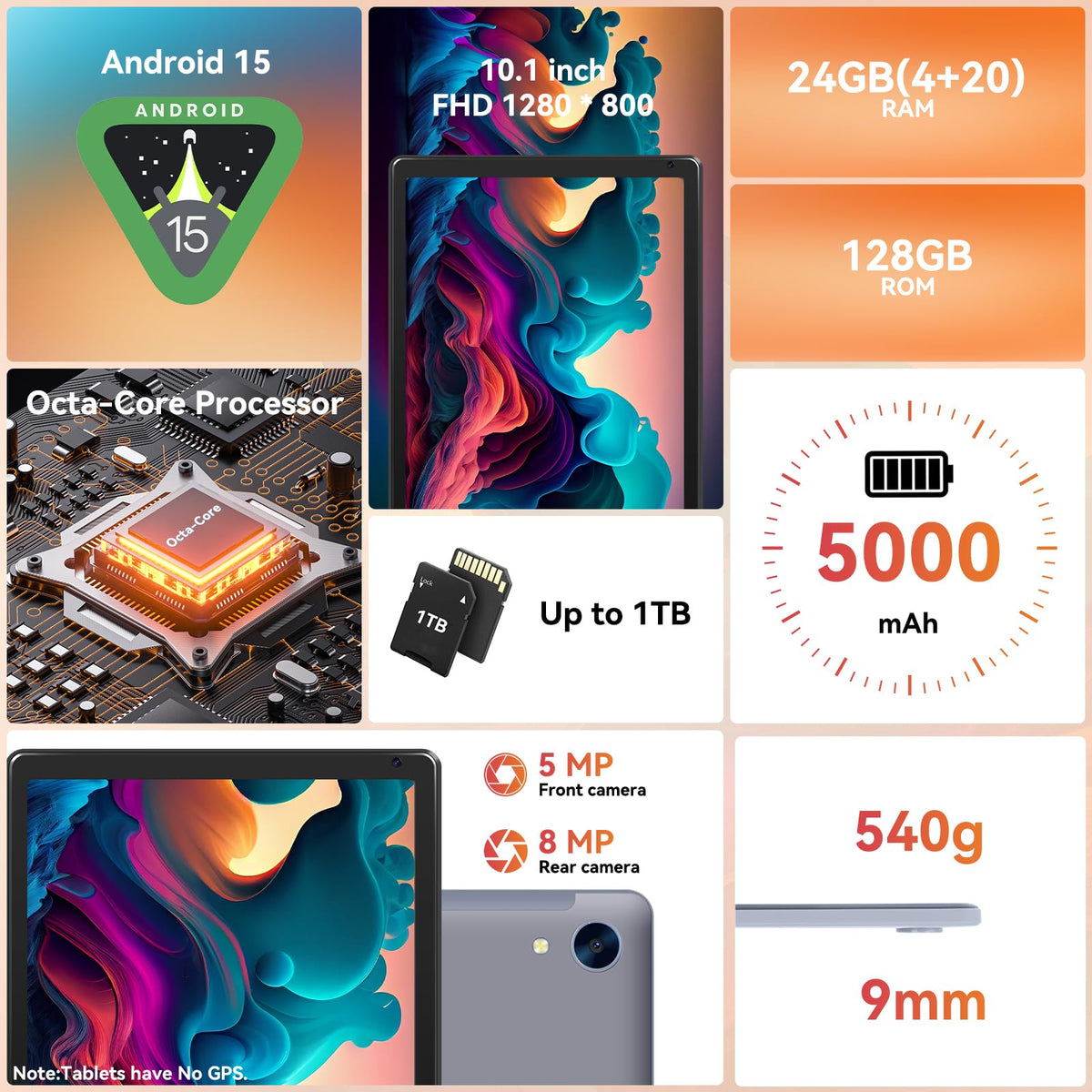 10.1" Android Tablet with Octa-core Processor 24GB RAM 128GB ROM HD IPS Touchscreen G6921