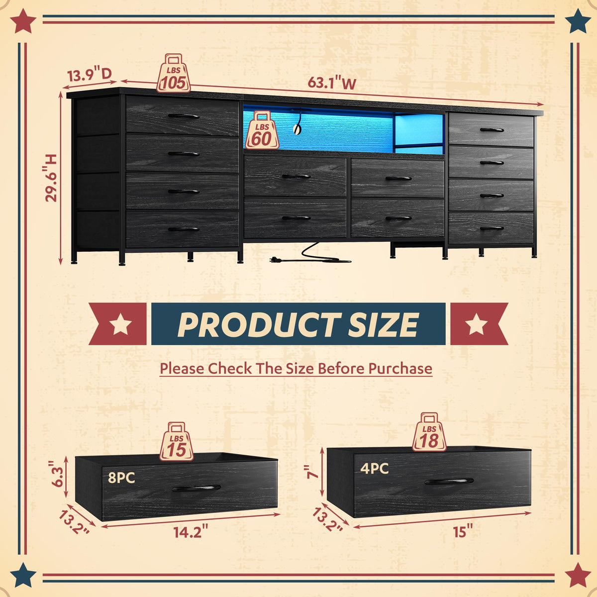 63" Dresser with 12 Fabric Drawers D898