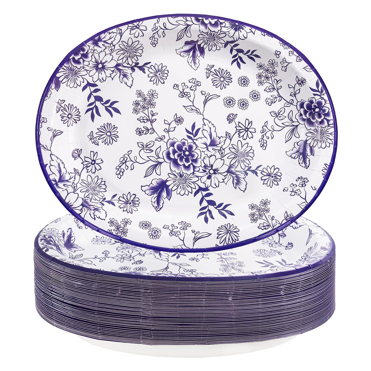 50 Pack Blue Floral Disposable Paper Plates G1188
