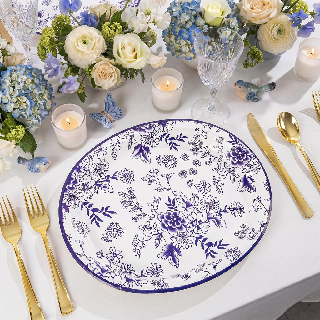 50 Pack Blue Floral Disposable Paper Plates G1188