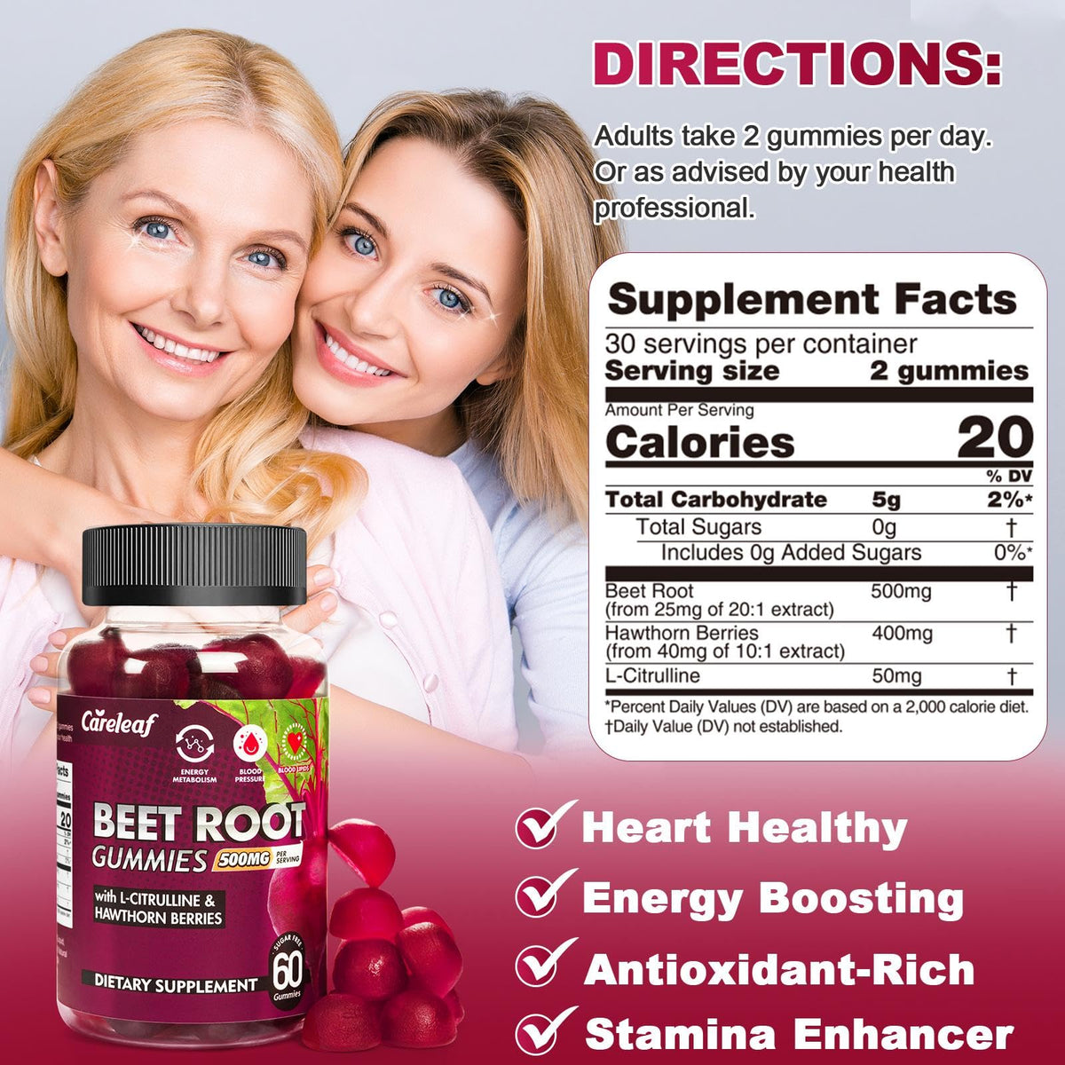 Sugar-Free Vegan Beet Root Gummies with L-Citrulline & Hawthorn Extract, 60 Count K149673