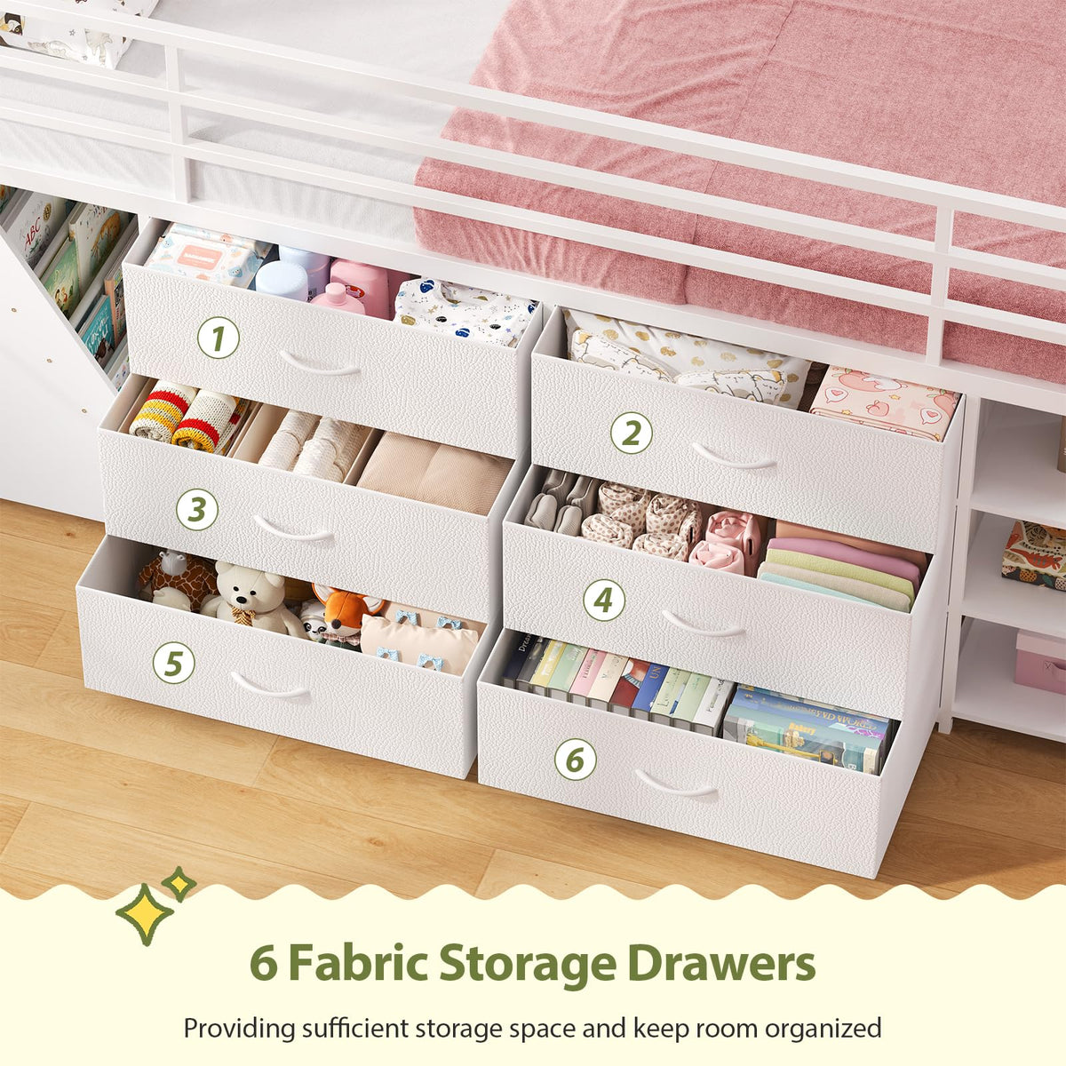 White Twin Loft Bed with Bookshelf, Display Shelf, Storage Drawers and Ladder Q8032