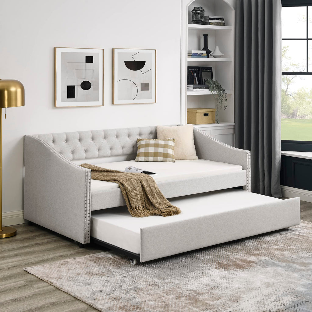 Upholstered Button Tufted Twin Size Daybed with Trundle E659583