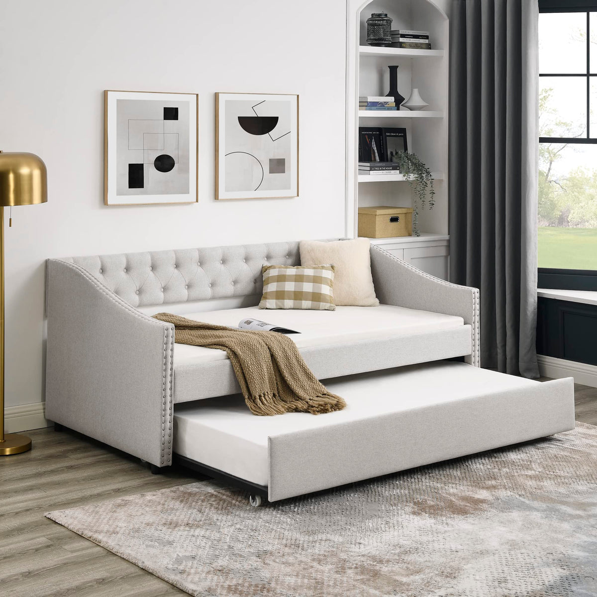 Upholstered Button Tufted Twin Size Daybed with Trundle E659583