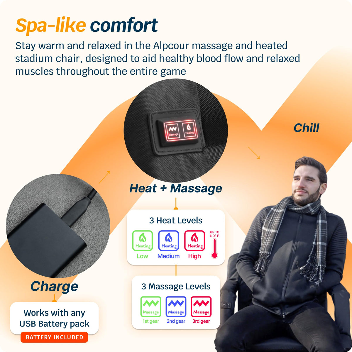 Heated Massage Reclining Stadium Seat with Back Support and Cushion F401126