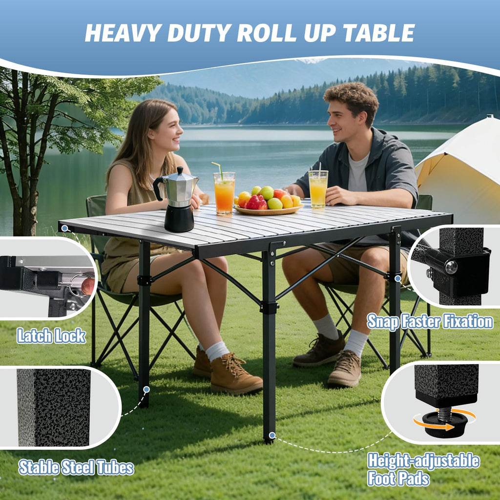 29.9" Tall Folding Camping Table for 2-6 Person, 54.7" Large Aluminum Foldable Roll-up Table Outdoor with Carry Bag for Picnic, Camp, Sturdy, Backyard, Patio L939611