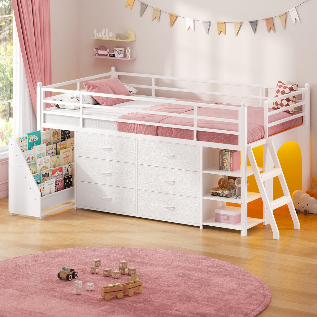 White Twin Loft Bed with Bookshelf, Display Shelf, Storage Drawers and Ladder Q8032