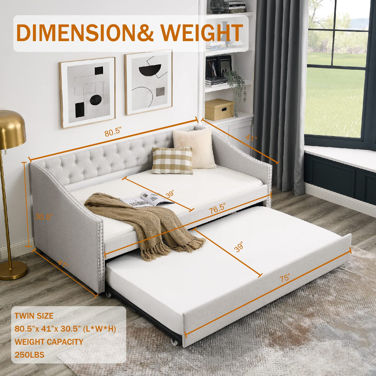 Upholstered Button Tufted Twin Size Daybed with Trundle E659583