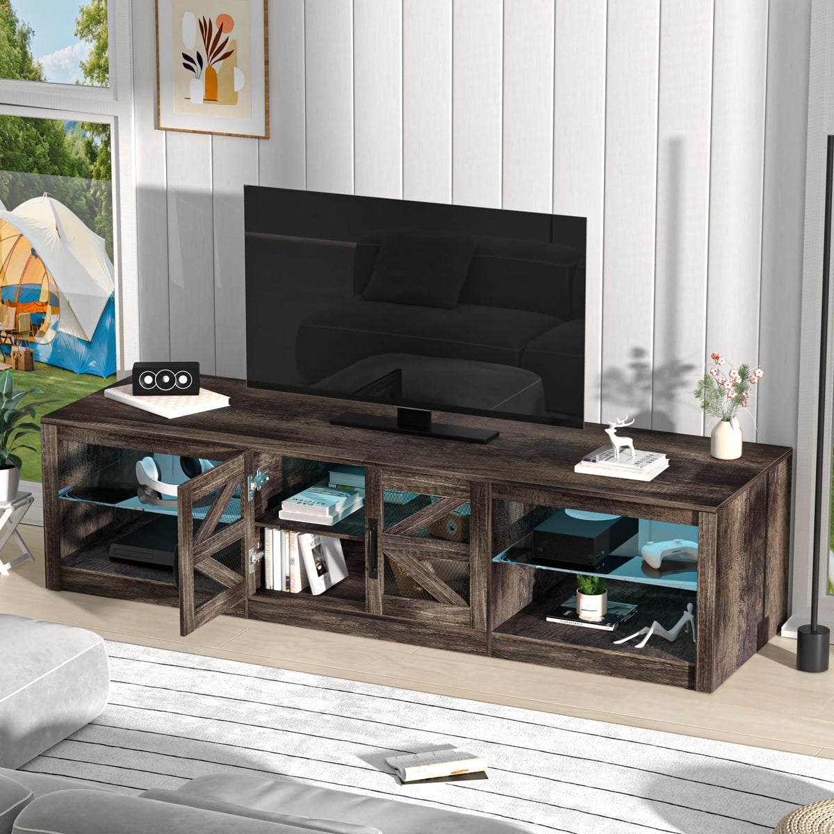 Rustic Brown Grey TV Stand with Sliding Barn Door M104805