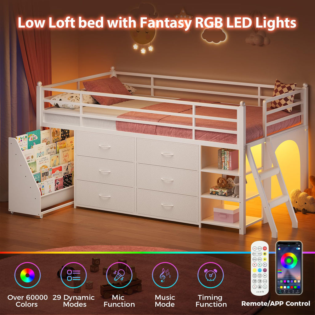 White Twin Loft Bed with Bookshelf, Display Shelf, Storage Drawers and Ladder Q8032