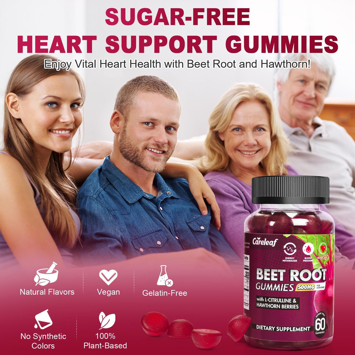 Sugar-Free Vegan Beet Root Gummies with L-Citrulline & Hawthorn Extract, 60 Count K149673