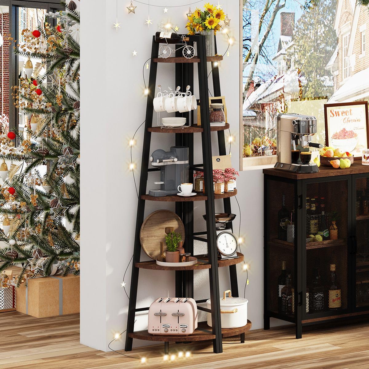 5-Tier Black Metal Wood Corner Bookshelf M8341