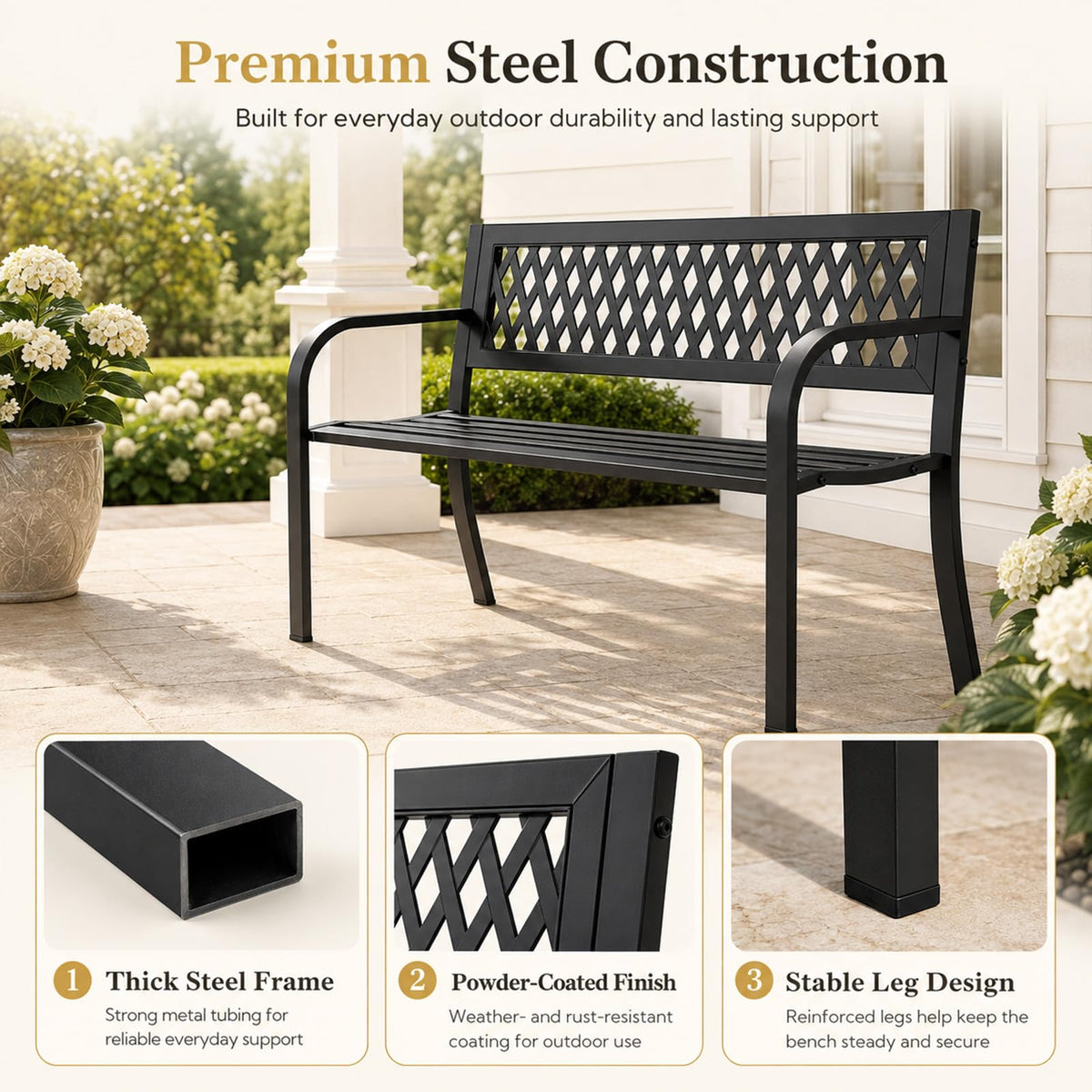 47" Black Outdoor Bench with Backrest L4859