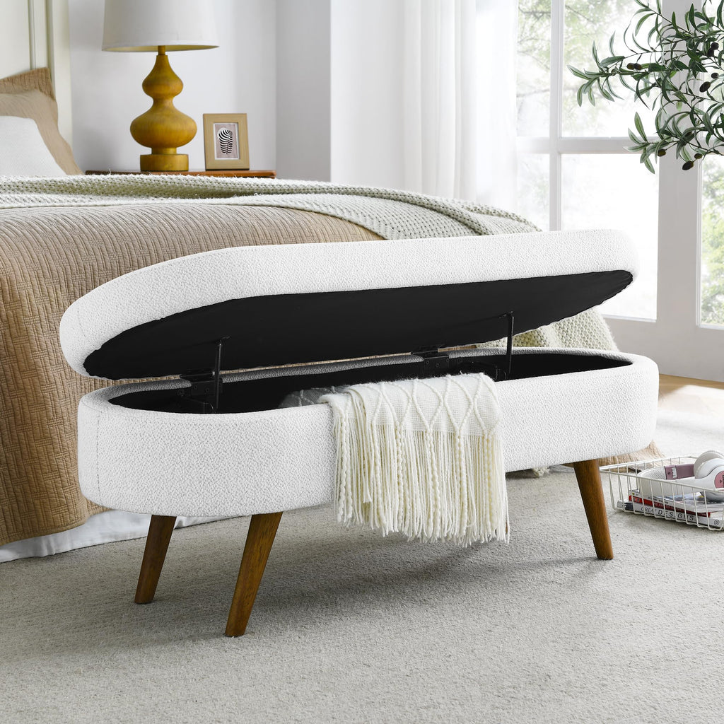 Oval Storage Bench with Rubber Wood Legs, White Y6645