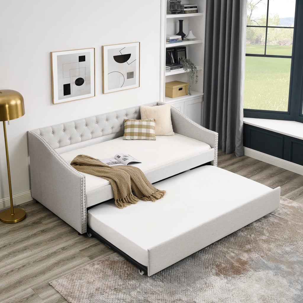 Upholstered Button Tufted Twin Size Daybed with Trundle E659583