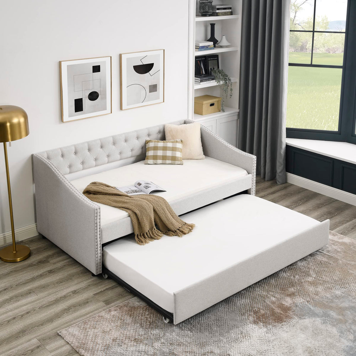 Upholstered Button Tufted Twin Size Daybed with Trundle E659583