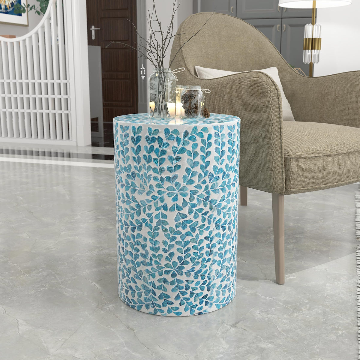 Mother of Pearl Inlaid Cylinder Drum End Table G85989