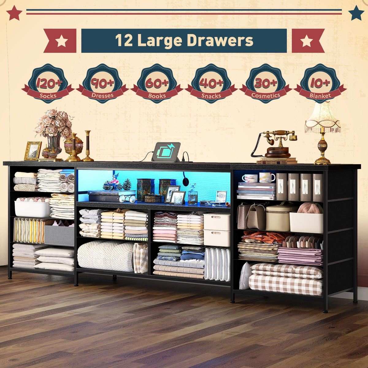 63" Dresser with 12 Fabric Drawers D898