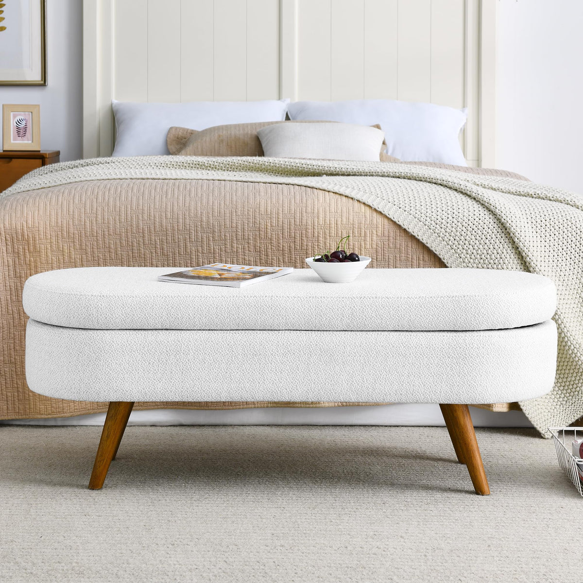 Oval Storage Bench with Rubber Wood Legs, White Y6645