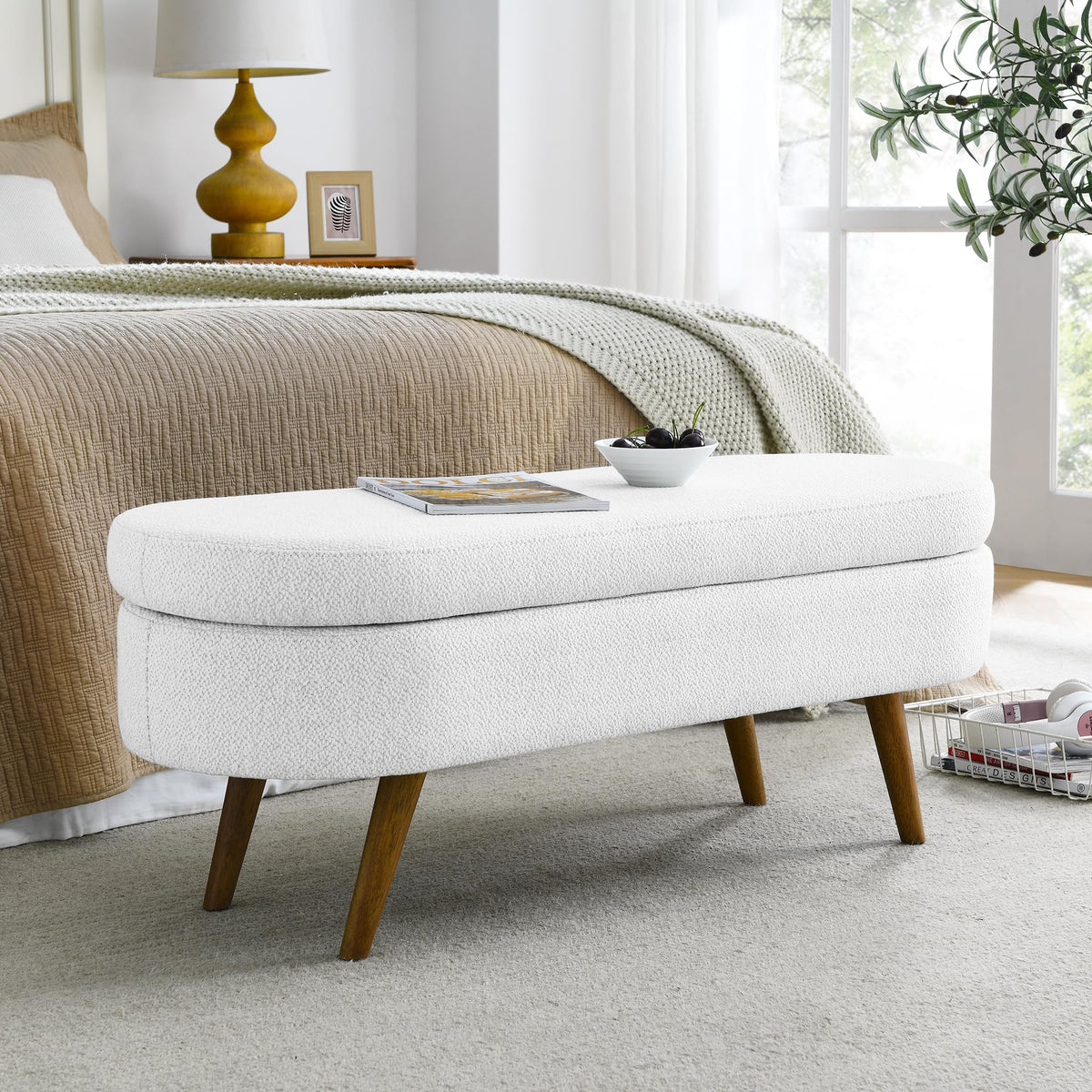 Oval Storage Bench with Rubber Wood Legs, White Y6645