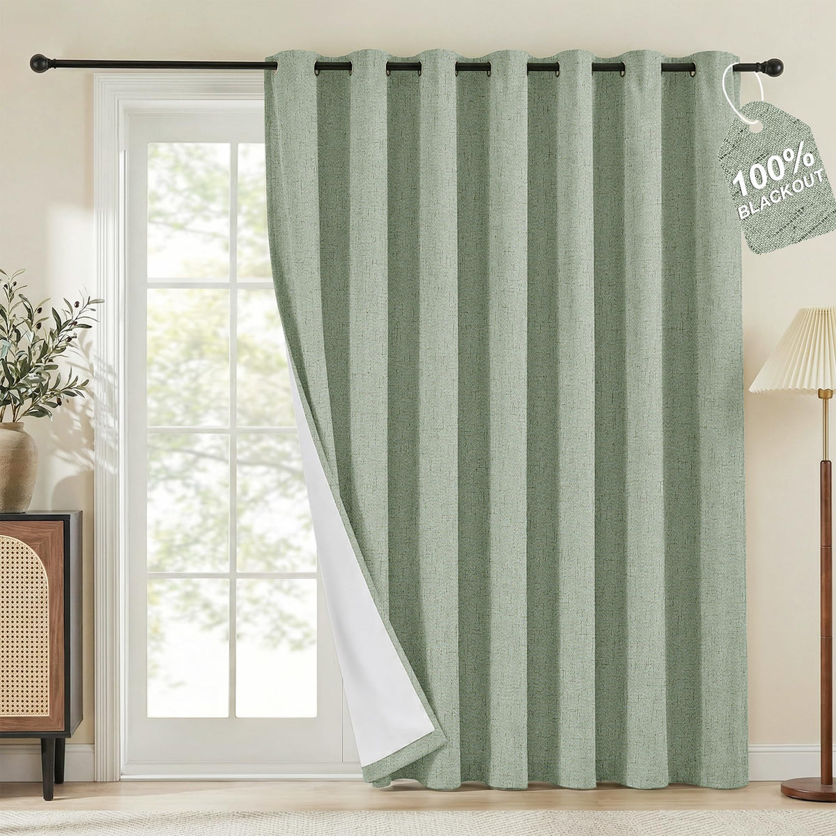 100% Blackout Linen Sliding Door Curtains, Sage Green, 1 Panel I8603