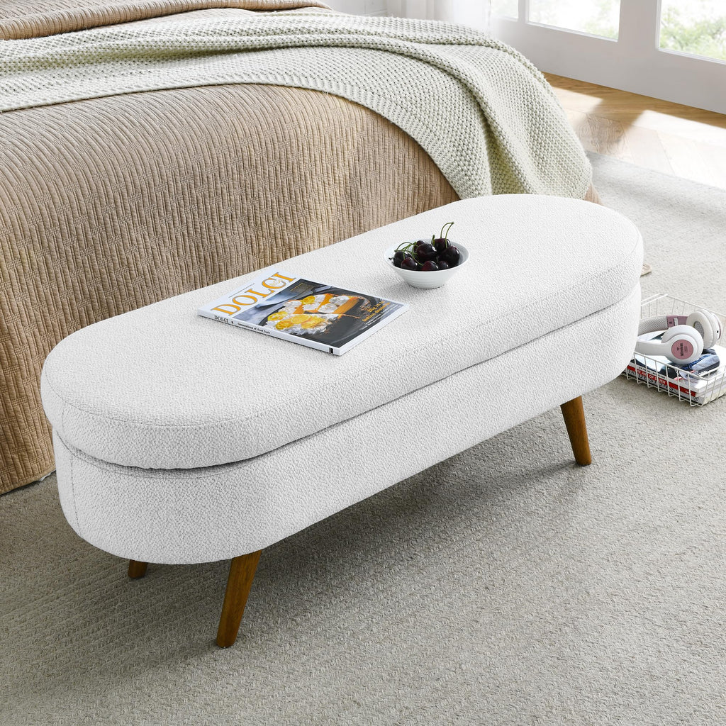 Oval Storage Bench with Rubber Wood Legs, White Y6645