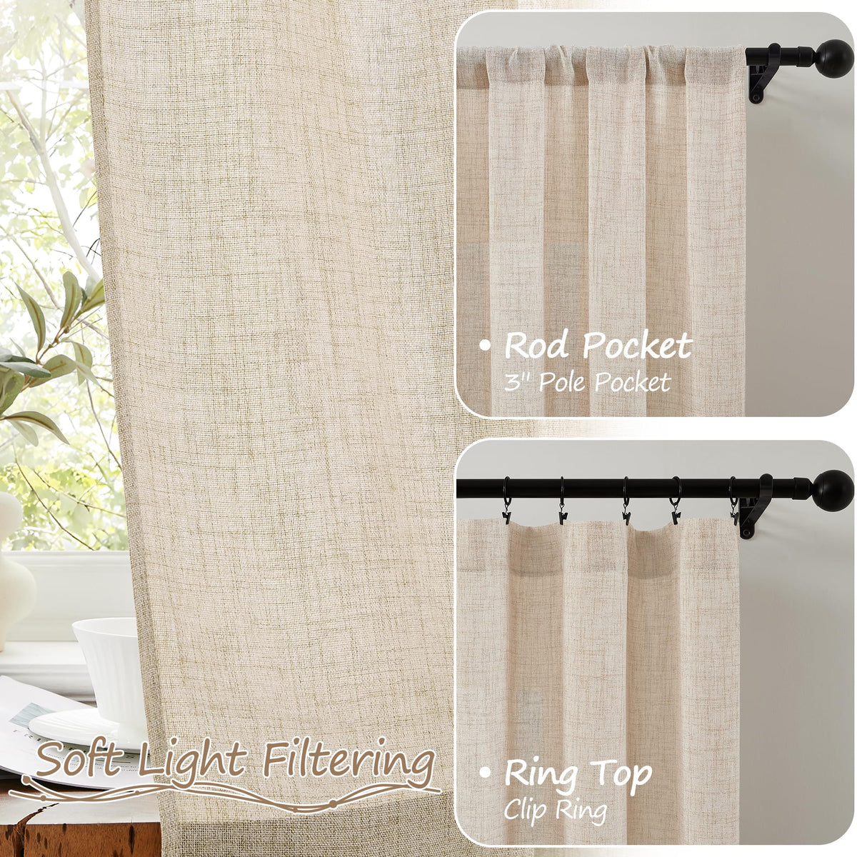 Linen Semi Sheer Door Curtain, 25 x 72 Inches, Natural, 1 Panel V52069